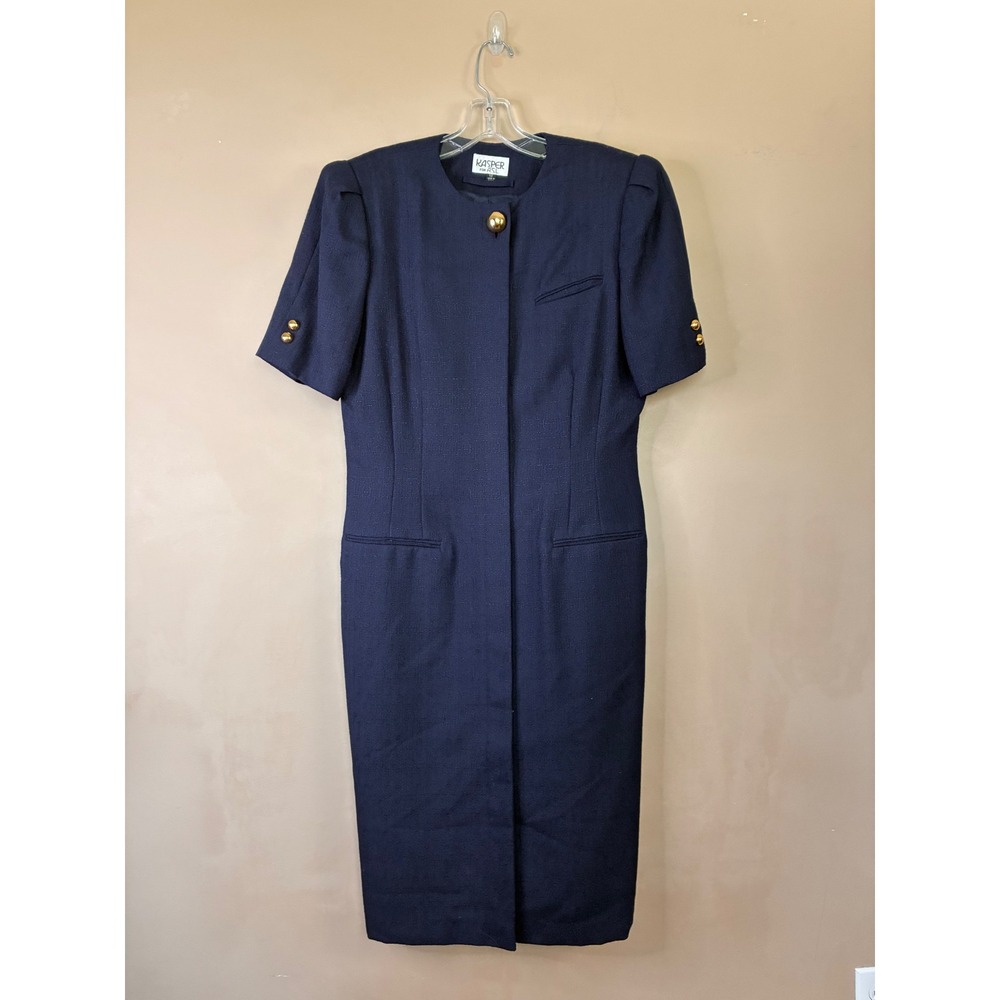 Kasper for ASL Navy Blue Textured Sheath Dress Gold Buttons Vintage Size 12